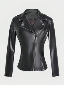 SHEIN LUNE Chaqueta de mujer de PU con cremallera y mangas largas de unicolor, perfecta para otoño e invierno