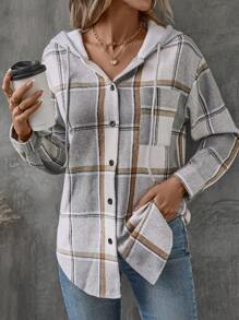 EMERY ROSE Women's Plaid Drop Shoulder Long Sleeve Pocket Drawstring Hooded Jacket, Spring Autumn Fall Winter Cloth For Women - Multicolor - View 4