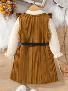 SHEIN 2pcs Young Girl Collared Long Sleeve Jacket And Ruffle Crew Neck Sleeveless Dress Set, Autumn/Winter - Apricot - View 2