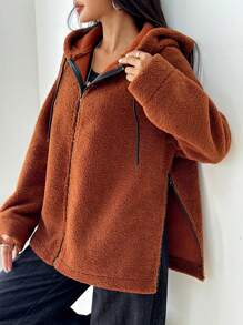 SHEIN Unity Women's Casual Loose Fuzzy Long Jacket Fall Cloth For Women - Brown - View 2