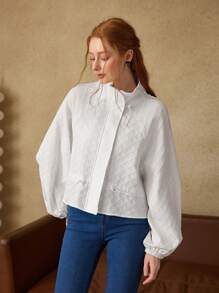 SHEIN MOD Veste court ample pour femme col montant, manches raglan, boutons de cochon, élastique réglable