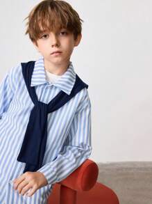 2pcs/Set Tween Boy Casual Striped Collared Button-Up Woven Shirt With Shawl, Long Sleeve