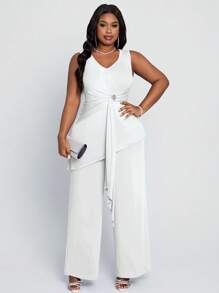 SHEIN Lady 大码水钻缀饰带扣褶皱上衣搭配长款阔腿裤两件套四季款