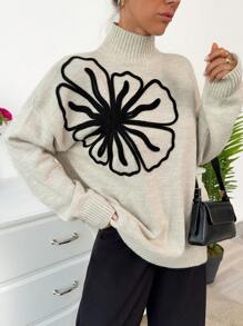 EURMUSE Women Mock Neck Flower Accessory Detailed Drop Shoulder Pullover - Beige - View 5