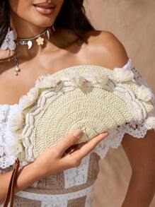 SHEIN VCAY 休闲草编半圆形腕包 - 米色 - 查看 2