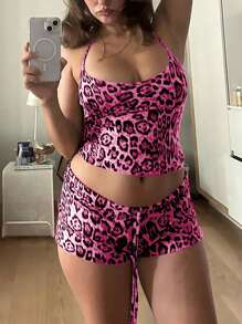 SHEIN Slayr 大码女式豹纹修身背心和系腰短裤套装，夏季