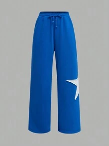 SHEIN Tween Girl 休闲针织字母印花圆领短袖 T 恤和星星印花腰带裤套装 - 寶藍色 - 查看 3