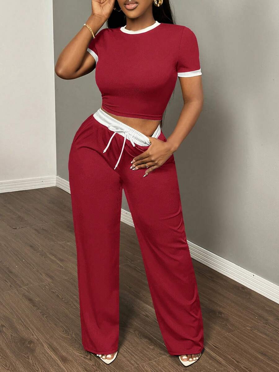 SHEIN SXY 2pcs Women's Summer Casual Ribbed Crew Neck Short Sleeve Slim T-Shirt And Tie Waist Pants Set - Red - View 1
