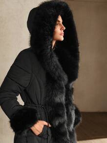 Anewsta Long Thick Fluffy Collar Hooded Two-Way Zip Up  Coat - Black - View 7