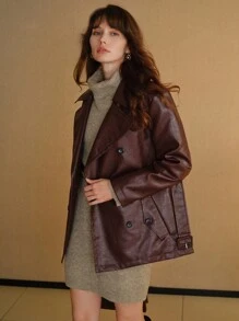 MOTF STUDIO LAPEL COLLAR BUCKLE BELTED PEA JACKET - Coffee Brown - View 7