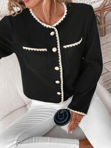 SHEIN LUNE Premium Two-Tone Trim Knitted Short Jacket, Autumn Winter 2024 New Release - Black and White - View 4