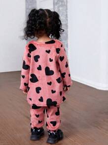 SHEIN 3 peças Conjunto de Jaqueta e Calça de Padrão de Coração Fofinho e Médio Comprimento para Bebê Menina, Outono/Inverno - Vermelho - Visão 2