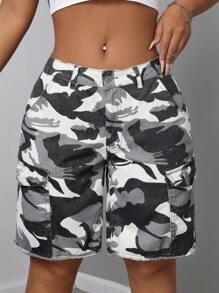 SHEIN SXY Camouflage denim shorts met knoopsluiting aan de voorkant, casual dagelijkse kleding