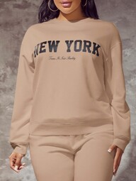 SHEIN SXY Women's Crewneck Drop Shoulder Long Sleeve Letter Print Loose Casual Sweatshirt, Autumn/Winter,Long Sleeve Tops