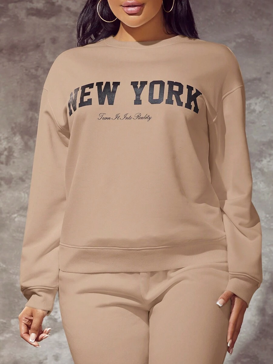 SHEIN SXY 女士圆领落肩长袖字母印花宽松休闲运动衫，秋冬季，长袖上衣 - 駝色 - 查看 1