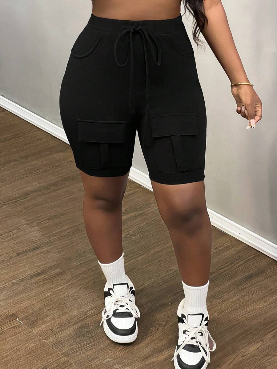 Slaydiva 夏季新款休闲日常黑色工作口袋四分之一裤女式短裤 - 黑色 - 查看 1