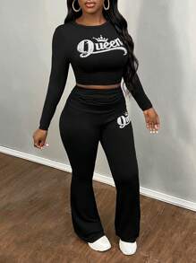 Slaydiva Plus Size Autumn And Winter New Casual Women's Round Neck Long-Sleeved Truncated T-Shirt Cuffed Flared Trousers Black Slim Fit Suit QUEEN English Letters Printed Imitation Diamond Printed