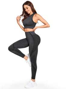 SHEIN Sports Bộ đồ tập luyện & yoga liền mạch 2 món/bộ đồ thể thao tập luyện cho nữ Bộ đồ bó cho nữ - màu đen - Xem 4