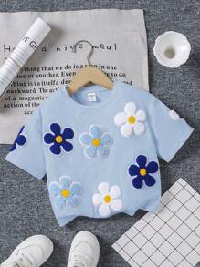 SHEIN 年轻女孩宽松可爱花卉印花短袖圆领垂肩 T 恤