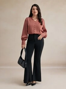 Maija Blusa informal de manga larga con botones delanteros, cuello en V y unicolor, para atuendos de mujer de talla grande en otoño e invierno