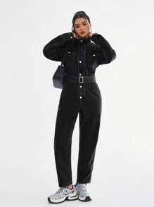 SHEIN EZwear Women's Casual Denim Jumpsuit With Stand Collar, Long Sleeve, Front Pockets, Suitable For Spring & Autumn - Black - View 8