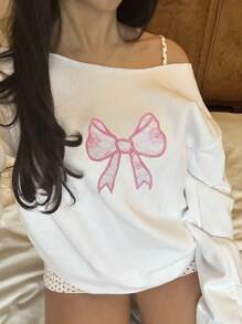 INAWLY 大码女式春秋休闲运动衫，不对称领口和蝴蝶结印花，长袖