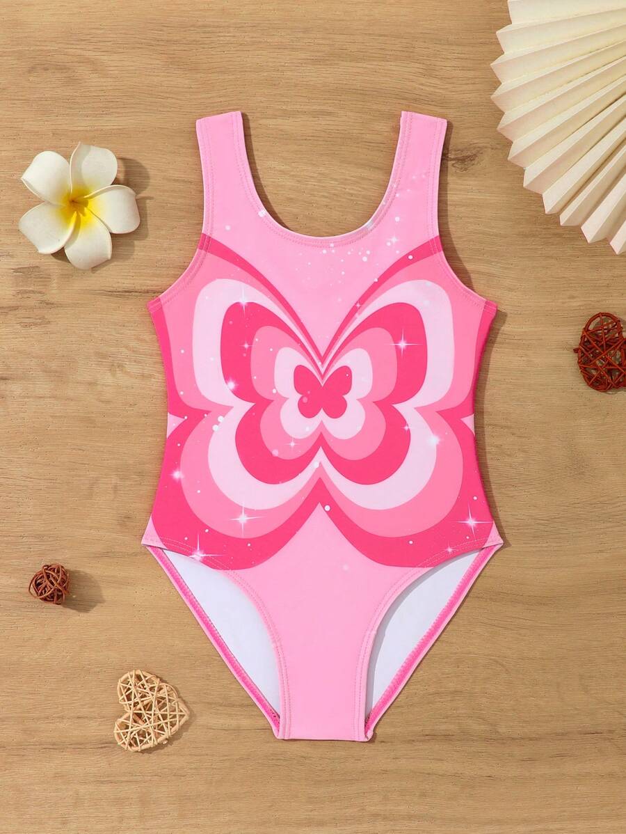 年轻女孩可爱蝴蝶印花连体泳衣 - 彩色 - 查看 1