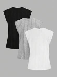 SHEIN LUNE Juego de 3 camisetas de mujer de cuello en V acanalado desgastado en negro, gris, blanco - Multicolor - Ver 2