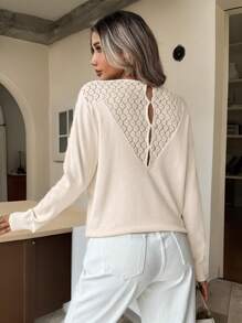 SHEIN Frenchy Damen Einfarbiger V-Ausschnitt Langarm Pullover mit Hohlmuster und Patchwork, Lässig Alltags Tragen, Spitzen Einsätze Herbst Damen Pullover, Herbst Damen Pullover, Damen Langarm Winter Outfits auf links, Herbst Damen Oberteile, Herbst Pullover, Damen Langarm Winter Oberteile , Aprikot Pullover - Aprikosenfarben - Übersicht 5