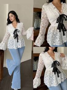 SHEIN Unity Áo len cardigan họa tiết thường ngày cổ chữ V dài tay loe có nơ trang trí cỡ lớn - trắng - Xem 1