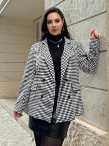 SHEIN Privé Plus Size Women Houndstooth Blazer Lapel Formal Suit - Multicolor - View 11