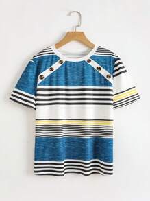 SHEIN LUNE Women's Casual Striped Button Decorated T-Shirt, Summer - Multicolor - View 1