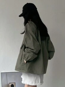 DAZY Women's Casual Loose Zip-Up Jacket With Large Pockets - Army Green - View 2