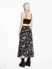 ROMWE Goth 哥特骷髅印花女士交叉设计露脐上衣和半裙两件套 - 黑色 - 查看 4