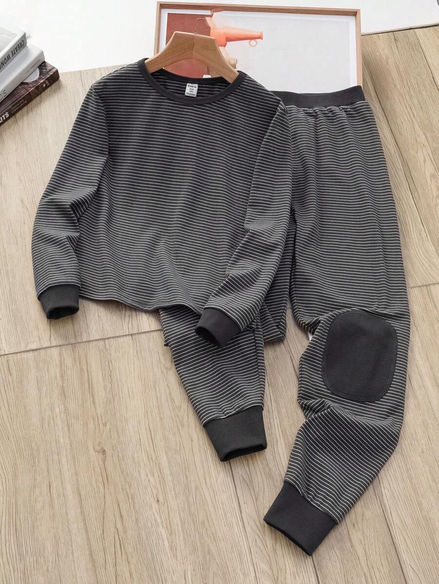 SHEIN 2pcs/Set Tween Boy Soft Velvet Ribbed Pattern Round Neck Long Sleeve Top And Long Pants Sleepwear Set, Warm For Autumn/Winter - Navy Blue - View 1