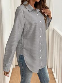 Chiquease Striped Print Asymmetrical Hem Front Button Long Sleeve Shirt - Black - View 1