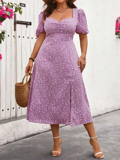 SHEIN CURVE+ 大码法式花卉印花低胸开衩连衣裙