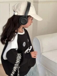 Dazy Kids Young Girl Crew Neck Knit Thermal Lined Colorblock Sweatshirt, Fall - Black and White - View 3