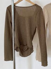 INAWLY 女式纯色方领长袖罗纹休闲 T 恤，春夏 - 棕色 - 查看 2