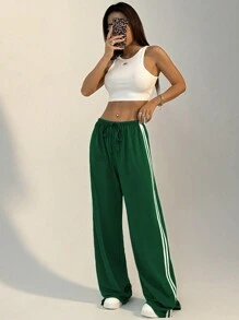 Flirla 女式宽松休闲抽绳直筒运动裤，带侧条纹 - 墨綠色 - 查看 4
