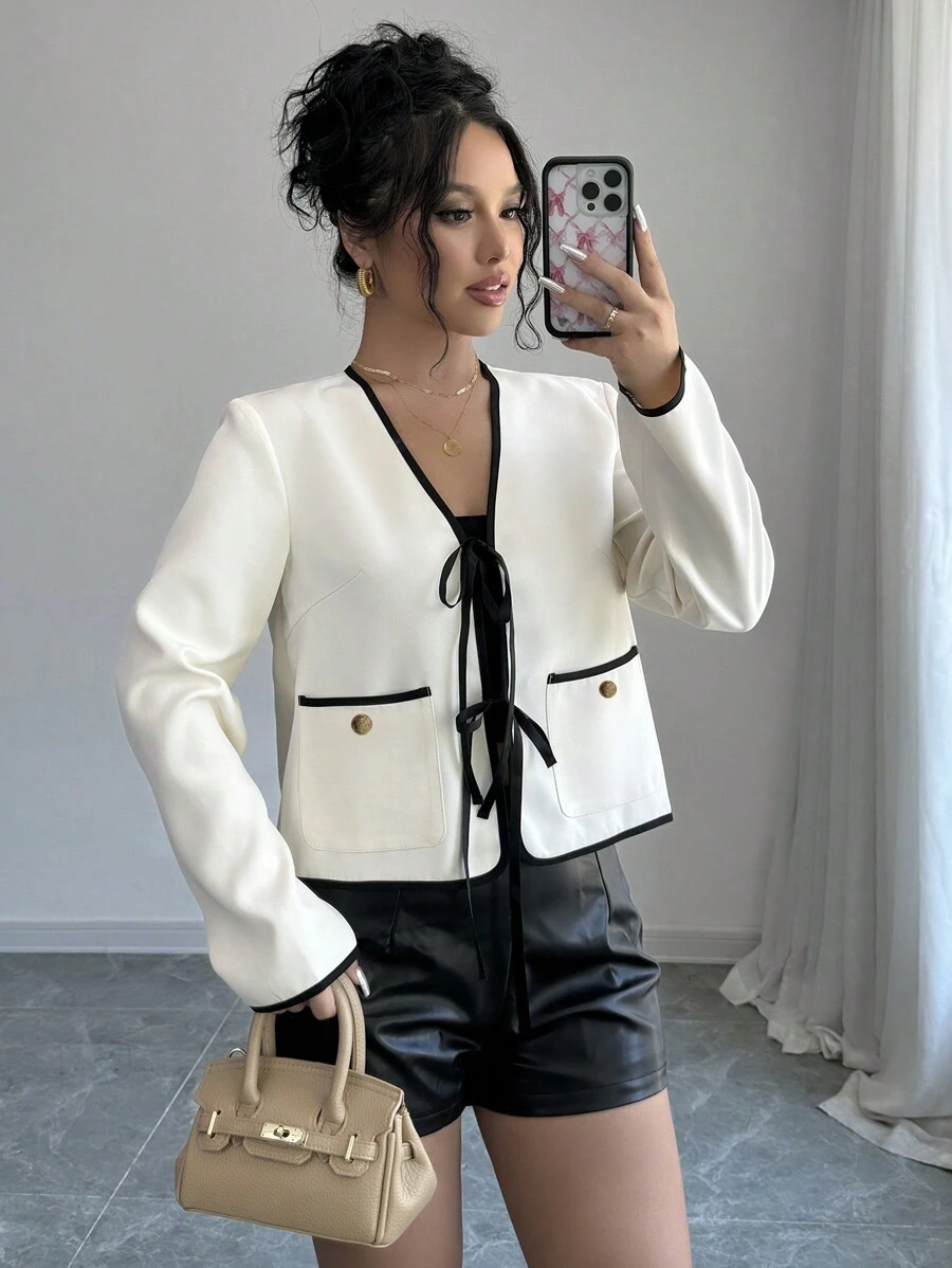 Selianne 新款秋季法式时尚薄款蝴蝶结撞色修身短款外套，适合通勤、度假、约会 - 杏色 - 查看 1