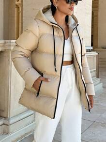 SHEIN Cottnline Beige Contrast Zipper Detailed Padded Short Jacket - Beige - View 6