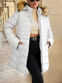 RueChic 毛皮和拉链加厚长款石色长款夹棉夹克