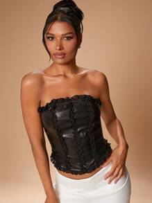 Hauture 纯色仿皮 PU 荷叶边细节抹胸 - 黑色 - 查看 4