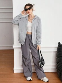 少女休闲简约纯色口袋拉链保暖连帽衫长袖连帽运动衫夹克，四季皆宜 - 灰色 - 查看 5