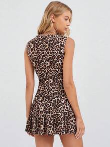 SHEIN EZwear 豹纹方领褶边无袖学院风连衣裙 - 黑色 - 查看 2