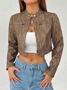 SHEIN PETITE Handsome Women's Jacket With Sfumato PU Fabric Zipper Decoration ,Petite Women - Brown - View 2