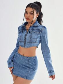 SHEIN EZwear جاكيت جينز قصيرة مع جيوب متعددة الأكمام طويلة للنساء في الربيع والخريف