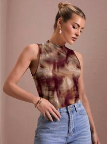 SHEIN BAE 女士秋季立领无袖紧身衣 - 咖啡棕 - 查看 3