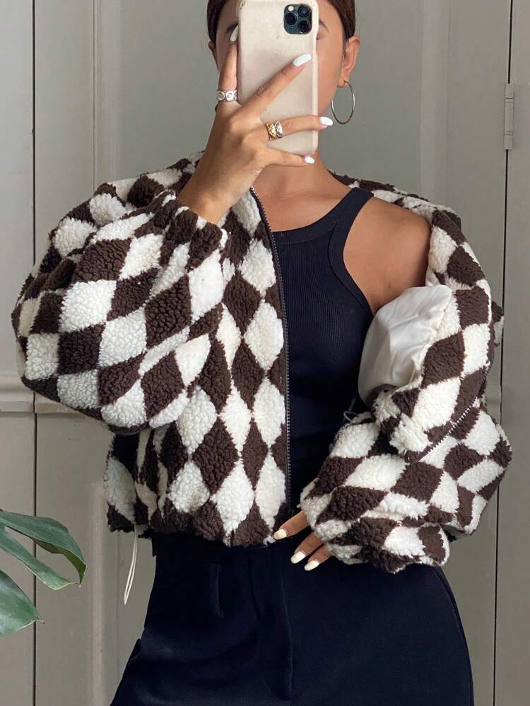 Plaid Cropped Relaxed Casual Shearling Jacket For Women Women Coats